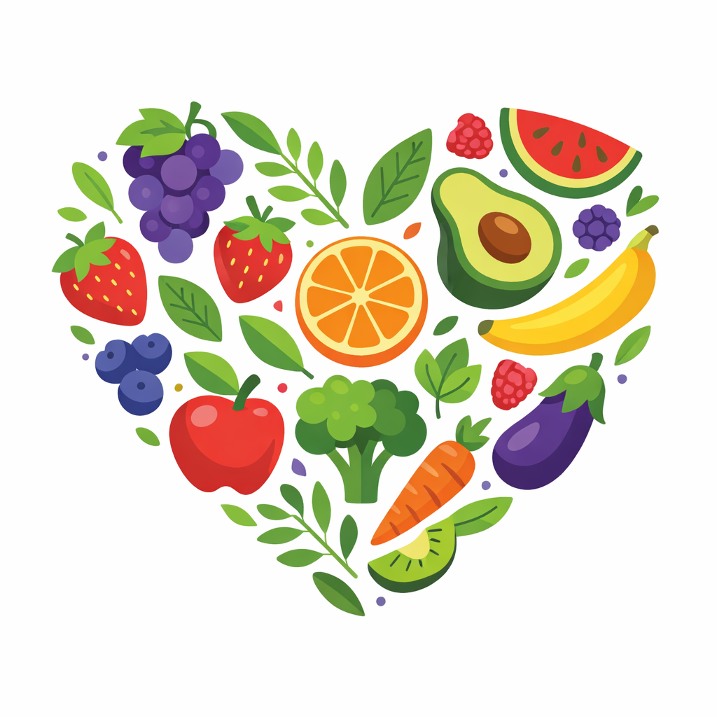 Corazón de frutas y hojas